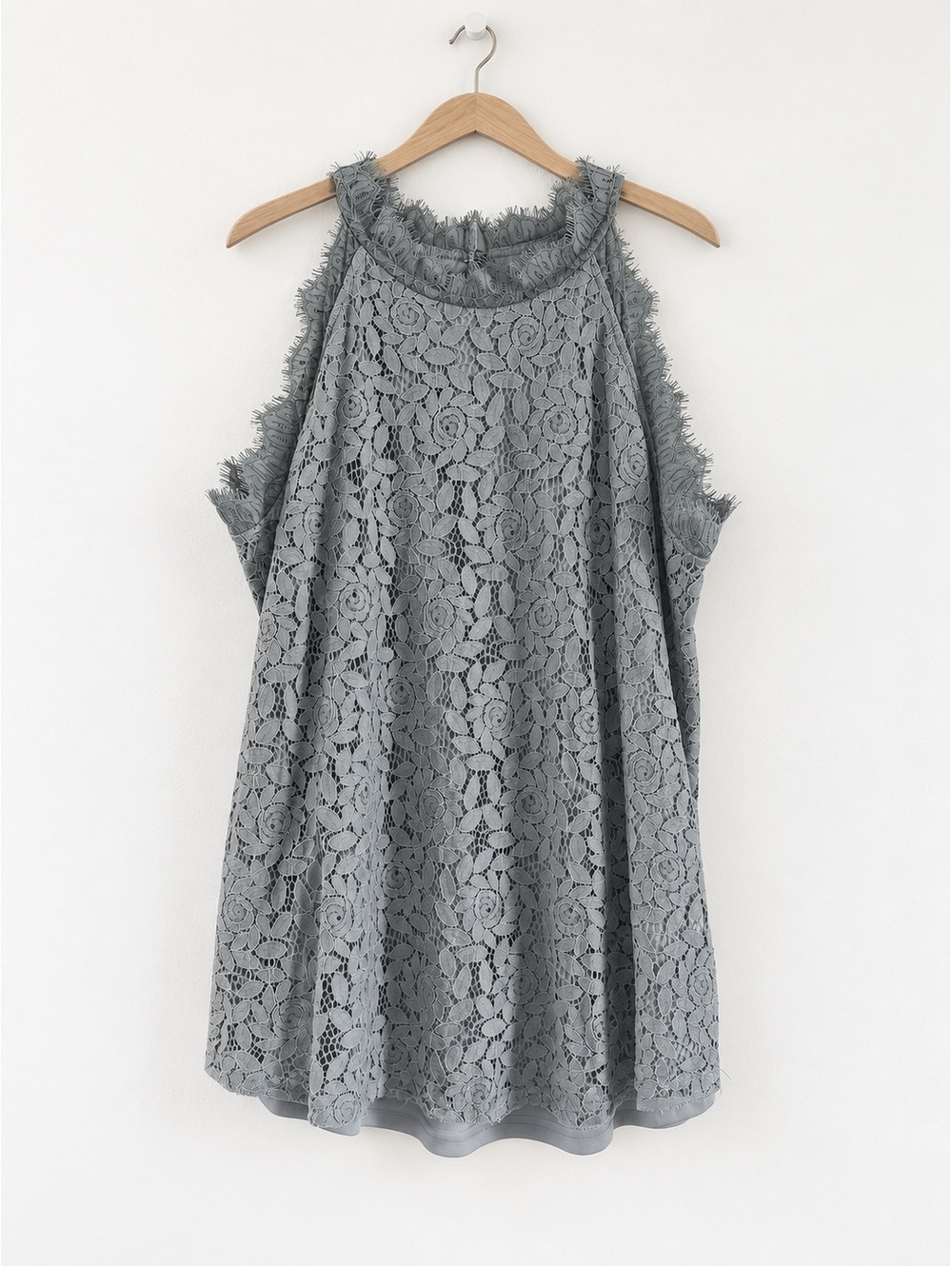 Berryou Gray Floral Lace Sleeveless Blouse Women’s M Ruffle High Neck